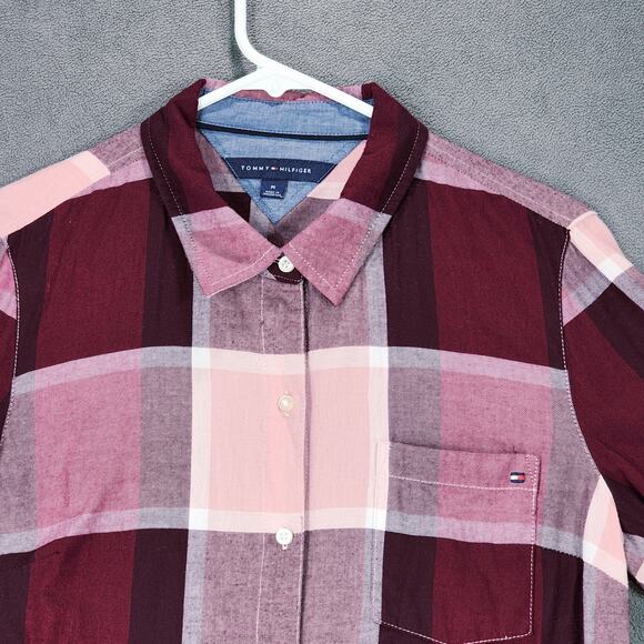 Tommy Hilfiger Button Up Shirt sz M Women Buffalo Plaid Red Purple Pink Roll Tab - Picture 8 of 12